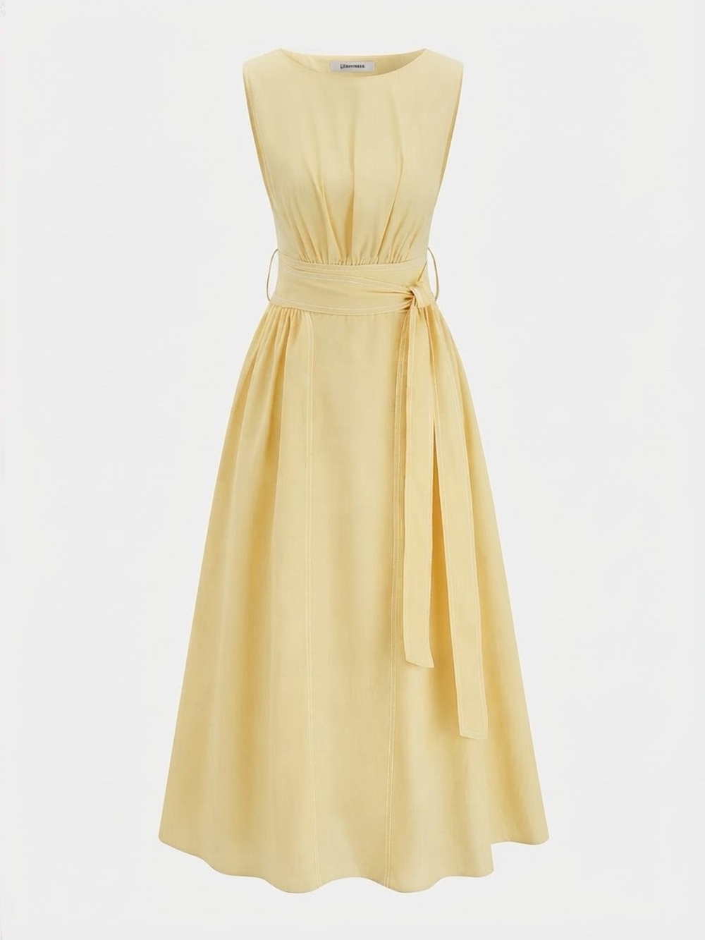 Commense Cotton Linen Sleeveless Belted Midi Dress